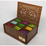 Ahşap Ceviz Renk Çay Kutusu 9 Bölmeli Kapaklı Poşet Bitki Çayı Saklama Kabı Tea Box ( Çaylar Dahil)