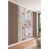 Ahşap Çıtalar ve Geometrik Mermer Panel Desenli Tek Parça Tekstil Duvar Kağıdı, 450 x 270