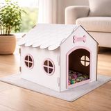 Ahşap Dekoratif Kedi ve Köpek Evi ve Minderi, Köpek Kulübesi, Mdf Materyal (Beyaz Pembe, Standar - Çok Renkli