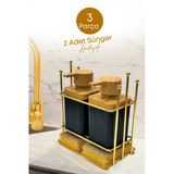 Ahşap Desenli Altın Gold Metal Standlı Bulaşık Deterjanı Sıvı Sabunluk Mutfak Seti-Sünger
