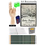 Ahşap El Modeli 30 Cm Ve A4 Eskiz Defteri Modelleme Seti 1 Paket Dereceli Kalem Karakalem Dağıtma Hamur Silgi Kalemtraş Teşhir
