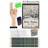 Ahşap El Modeli 30 Cm ve A4 Eskiz Defteri Modelleme Seti 1 Paket Dereceli Kalem Karakalem Dağıtma Hamur Silgi Kalemtraş