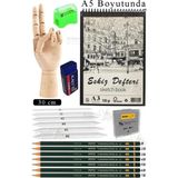 Ahşap El Modeli 30 cm ve A5 Eskiz Defteri Modelleme Seti 1 Paket Dereceli Kalem Karakalem Dağıtma Hamur Silgi Kalemtraş - Renkli
