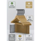 Ahşap Elbise Askısı 12’li Set – Gold Kanca Masif Beyaz Premium Seri - Ahşap - Siyah