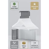 Ahşap Elbise Askısı 12’li Set – Gold Kanca Masif Beyaz Premium Seri - Beyaz - Siyah