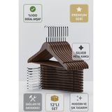 Ahşap Elbise Askısı 12’li Set – Gold Kanca Masif Beyaz Premium Seri - Ceviz - Gümüş