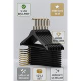 Ahşap Elbise Askısı 12’li Set – Gold Kanca Masif Beyaz Premium Seri - Siyah - Gold