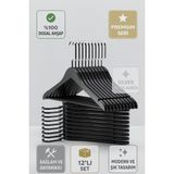 Ahşap Elbise Askısı 12’li Set – Gold Kanca Masif Beyaz Premium Seri - Siyah - Gümüş