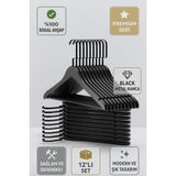 Ahşap Elbise Askısı 12’li Set – Gold Kanca Masif Beyaz Premium Seri - Siyah - Siyah