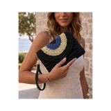 Ahşap Evi Kağıt İp Portföy Çanta Siyah Hasır El Çantası Portföy, Clutch Çanta