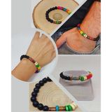 Ahşap Gökkuşağı Renkli & Oniks Taşı 8mm Unisex Tasarım Bileklik Hawaii Model (11124)