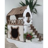 Ahşap İki Katlı Merdivenli Kedi Evi – Teraslı Lüks Kedi Villası (Beyaz-Ceviz, L)