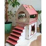 Ahşap İki Katlı Merdivenli Kedi Evi – Teraslı Lüks Kedi Villası (Pembe-Beyaz, XXL)