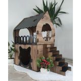Ahşap İki Katlı Merdivenli Kedi Evi – Teraslı Lüks Kedi Villası (Siyah-Ceviz, L)