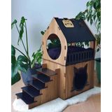 Ahşap İki Katlı Merdivenli Kedi Evi – Teraslı Lüks Kedi Villası (Siyah-Ceviz, XXL)