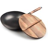 Ahşap Kapaklı 32cm El Yapımı Demir Wok Geleneksel Çin Yuvarlak Alt Tava | Tecrübeli kaplanmamış demir wok, gaz nitrürlenmiş, indüksiyona hazır, doğal gıda lezzetini korur