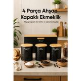 Ahşap Kapaklı Metal Ekmek Kutusu Ve 3'lü Çay Şeker Kahve Saklama Kabı Seti Siyah