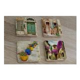Ahşap Kapılar Vazoda Çiçekler ve Begonviller Doğal Taş Bardak Altlığı 4'lü set - Natural Stone Coasters