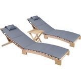 Ahşap Katlanabilir Yatar Şezlong Plaj Yatağı Minder Dahil 3 Lü Set (Naturel - Gri) - Çok Renkli - Standart