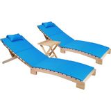 Ahşap Katlanabilir Yatar Şezlong Plaj Yatağı Minder Dahil 3 Lü Set (Naturel - Turkuaz) - Standart - Çok Renkli