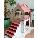 Ahşap Kedi Evi - Teraslı, Iki Katlı, L Boy - Beyaz - Pembe