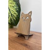 Ahşap Kedi Telefon ve Tablet Tutucu - Masa Üstü Sabitleyici Stand Telefon Tutacağı - Ahşap Rengi
