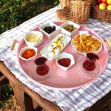 Ahşap Kulplu 50 cm Yuvarlak Metal Tepsi Kahvaltı Çay Kahve Sunum Tepsisi - Açık Pembe