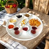 Ahşap Kulplu 51 Cm Beyaz Yuvarlak Metal Tepsi Kahvaltı Çay