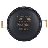 Ahşap Kulplu Desenli Yuvarlak Metal Servis Tepsisi 37CM, Kahve Tepsisi, Sunum Tepsisi (My Daily Routinebaskılı) - Siyah