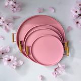 Ahşap Kulplu Metal Tepsi Çay Tepsisi 4'lü (51, 40, 37, 30 Cm) Kahve Tepsisi Sunum Tepsi Seti - Açık Pembe