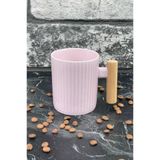 Ahşap Kulplu Seramik Mug Kupa Bardak 225Cc 1 Adet Pembe