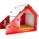 Ahşap Mama Kaplı Kırmızı Kedi-Köpek Evi Yatağı - Kırmızı - Beyaz