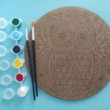 AHŞAP MANDALA 20x20 cm DAİRE MDF üzerine UV baskı modeller- DESENLİ BAYKUŞ Mandala Set Boyama