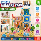 Ahşap Mimari Yapı Blokları 128 Parça Eğitici Zeka Geliştirici İnşaat Oyuncak Seti 3+ Yaş