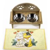 Ahşap Özel İsim Baskılı, Oval Kedi Köpek Mama Su Kabı Standı, Metal Suluk, Kedi Köpek Halısı