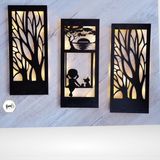 Ahşap Peri Ledli Işıklı 3 Lü Salıncakta Kız Kedi Çiçek Tablo Siyah - 18 x 40
