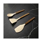 Ahşap Saplı 3'lü Silikon Mutfak Gereçleri Seti - Isıya Dayanıklı Yanmaz Yapışmaz Spatula ve Servis Kaşığı Takımı, Ergonomik Tasarım - 0,5 x 7 cm