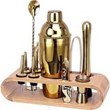 Ahşap Standlı 12 Parça Çelik 750 ml Shaker Bar Tokmağı Jigger Seti Barmen Seti - Altın