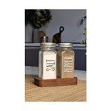 Ahşap Standlı 120 ml Cam Tuzluk Biberlik Seti – Gümüş Kapaklı, Etiketli, Şeffaf Baharatlık, Hava Geçirmez Kapaklı SALT PEPPER STANTLI
