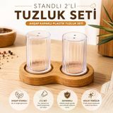 Ahşap Standlı 2'Li Tuzluk Seti - Ahşap Kapaklı Şeffaf Plastik Baharatlık