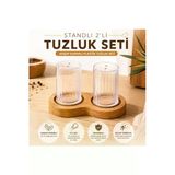 Ahşap Standlı 2'Li Tuzluk Seti - Ahşap Kapaklı Şeffaf Plastik Baharatlık
