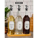 Ahşap Standlı 3'lü Gümüş Tıpalı Zeytinyağ Sirke ve Nar Ekşisi Seti 750ML Yağlık Şişesi Yağdanlık Set - Şeffaf Ahşap - 750 ml