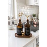 Ahşap Standlı Amber Cam İkili Zeytinyağı-Ayçiçek Yağı Yağdanlık 500 ml Lüks Geyik Ailesi Mantar Tıpa Gold