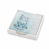 Ahşap Standlı Bardak Altlığı 6'lı Set Çay Saati Tasarımı 9,5x9,5cm | Dayanıklı Malzeme, Dekoratif Baskı, Standlı Sunum, Kare Form, Masa Koruyucu