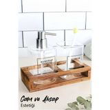 Ahşap Standlı Cam Sıvı Sabunluk Seti - Sıvı Sabun Şişesi & Diş Fırçalığı Banyo Seti (Gümüş 550 Ml)
