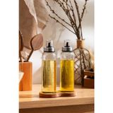 Ahşap Standlı Cam Yağdanlık Seti | Damlatmaz Kapak | 500 Ml | 2 Li Set