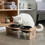 Ahşap Standlı Çift Kaseli Pet Mama Kabı, Seramik Kase, Kedi ve Küçük/Orta Boy Köpek Uyumlu (Paspas Hediyeli) (siyah)