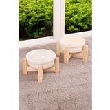 Ahşap Standlı Seramik Dekoratif 2 Adet Kedi Köpek Mama Ve Su Kabı (Beyaz)