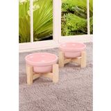 Ahşap Standlı Seramik Dekoratif 2 Adet Kedi Köpek Mama Ve Su Kabı (Pembe)