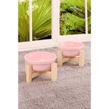 Ahşap Standlı Seramik Kedi Köpek Mama ve Su Kabı Çiftli Set, Pembe - Seçenek 1